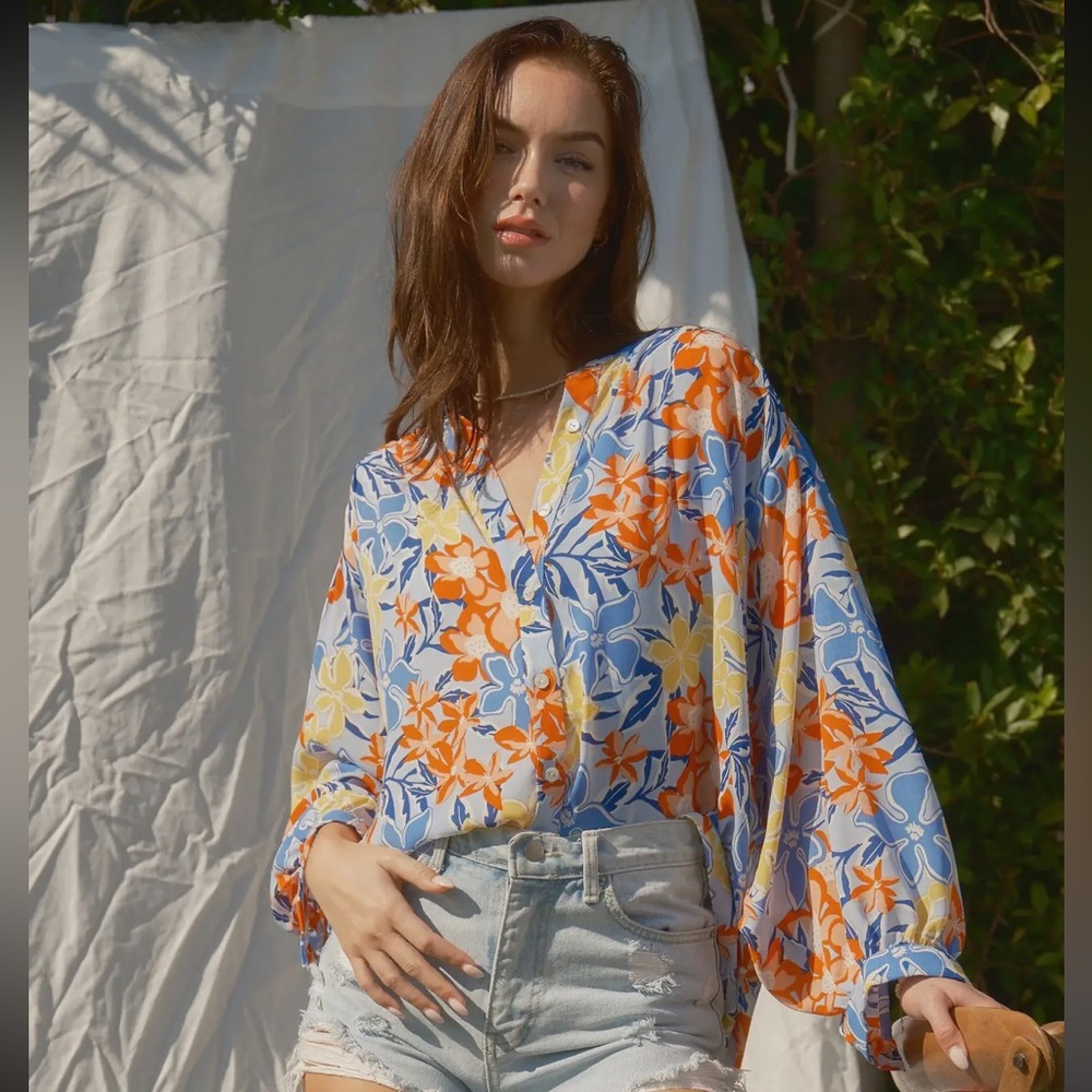 01 Boho -Floral print woven blouse top